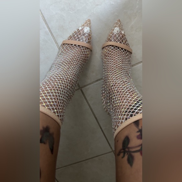 Femi Florence Stretch Mesh Rhinestone Sparkle Bootie Heels in Tan Nude Size 11 - Picture 5 of 17